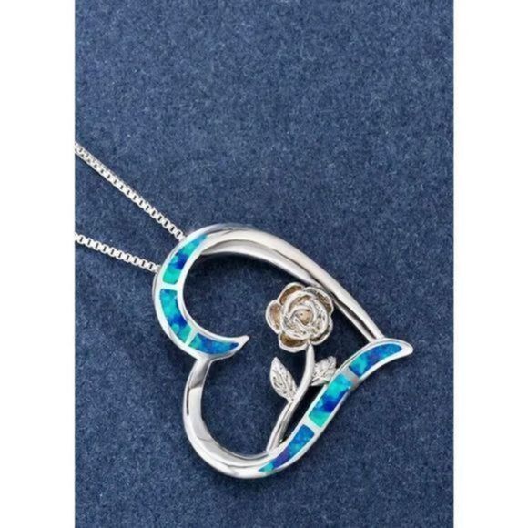 Blue OPAL ON SILVER HEART ROSE NECKLACE - Picture 4 of 6
